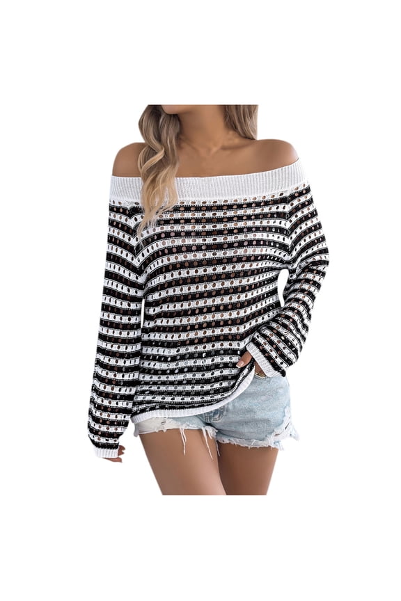 Women's Oversized Striped Sweater Casual Off The Shoulder Hollow Out Sweater Long Sleeve Loose Knit Pullover Jumper Tops