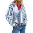 thumbnail image 1 of Women's Oversized Striped Sweatshirt Casual Long Sleeve V Neck Loose Fit Pullover Spring Tops Shirts, 1 of 7