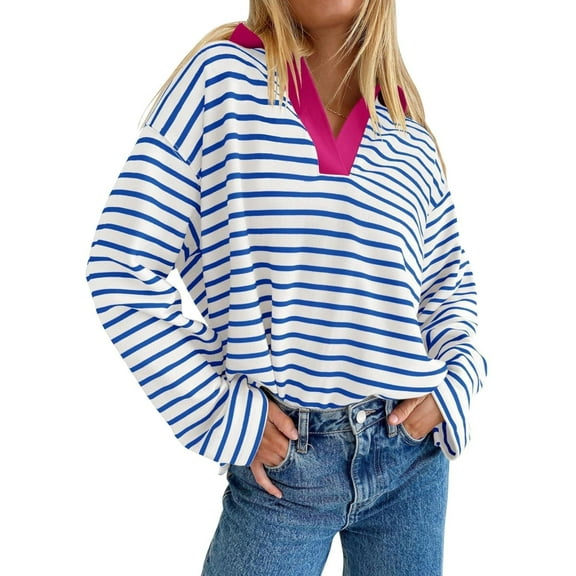 Women's Oversized Striped Sweatshirt Casual Long Sleeve V Neck Loose Fit Pullover Spring Tops Shirts