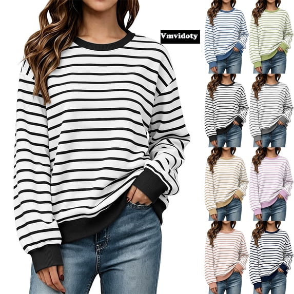 Women's Oversized Striped Sweatshirt Fleece Long Sleeve Color Block Crew Neck Shirt Loose Soft Casual Pullover Top Black M