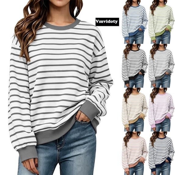 Women's Oversized Striped Sweatshirt Fleece Long Sleeve Color Block Crew Neck Shirt Loose Soft Casual Pullover Top Gray L