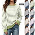 thumbnail image 1 of Women's Oversized Striped Sweatshirt Fleece Long Sleeve Color Block Crew Neck Shirt Loose Soft Casual Pullover Top Green L, 1 of 10