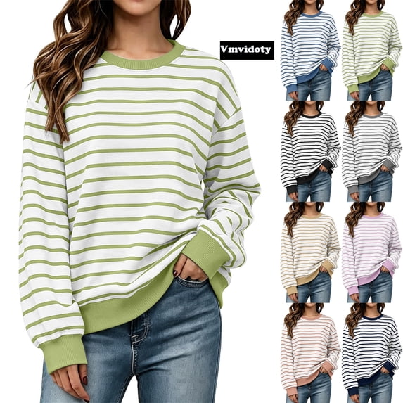 Women's Oversized Striped Sweatshirt Fleece Long Sleeve Color Block Crew Neck Shirt Loose Soft Casual Pullover Top Green L