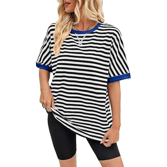 Women's Oversized Striped T Shirts Summer Casual Short Sleeve Color Block Tunic Tops Loose Blouses
