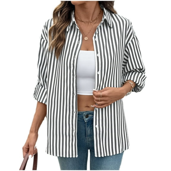 Women's Oversized Striped Work Shacket Button Down Collared Long Sleeve Plus Size Lightweight Office-to-Casual Fall Essential