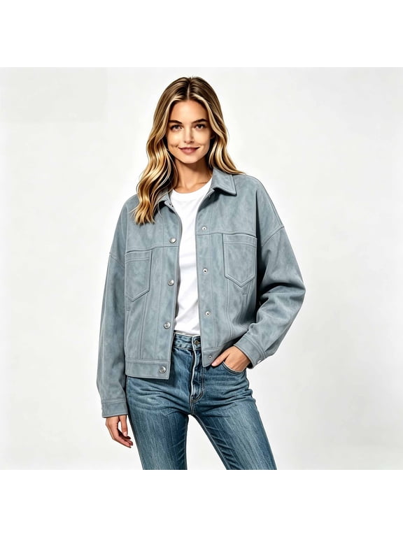 Women’s Oversized Suede Trucker Jacket, Retro Long Sleeve Casual Shacket Sizes S-2XL