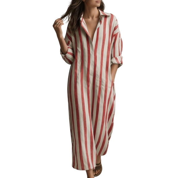 Women's Oversized Summer Striped Shirt Dress, Loose Lapel V Neck Long Sleeve Coverups Beach Maxi Dresses with Pockets