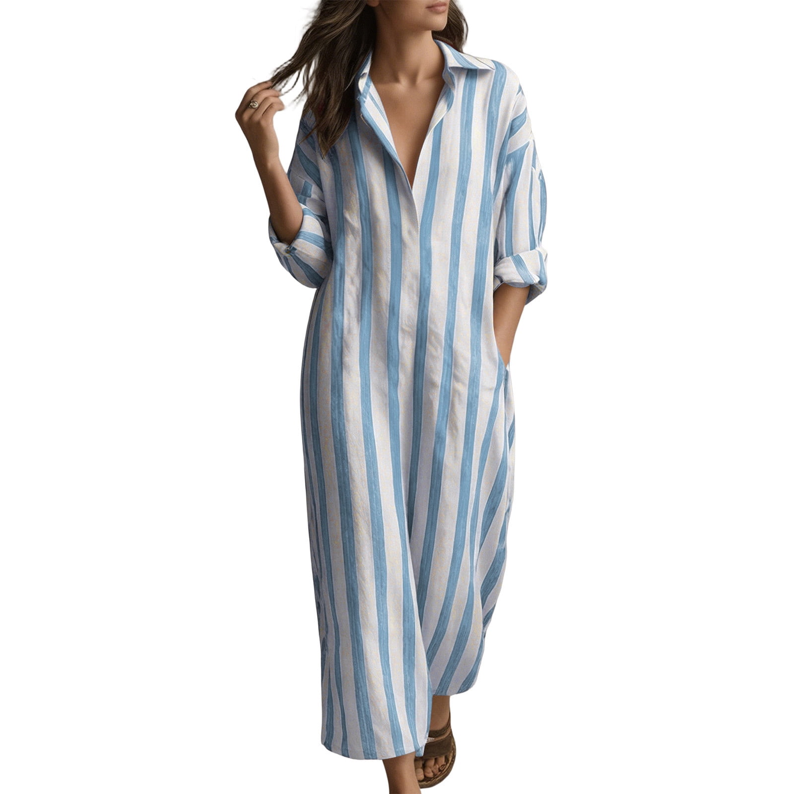loose striped shirt dress ebossy Women's Boho Striped Shirt Dress Button Up Side Slit Loose Mid Long Cotton Dress with Pockets (XS, Black) at Amazon Women's Clothing store