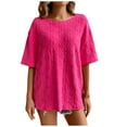 thumbnail image 1 of Women's Oversized Summer Tops Crew Neck Jacquard Short Sleeve Solid Color Tee Shirts Casual Loose Clothes (XS, Hot Pink), 1 of 8