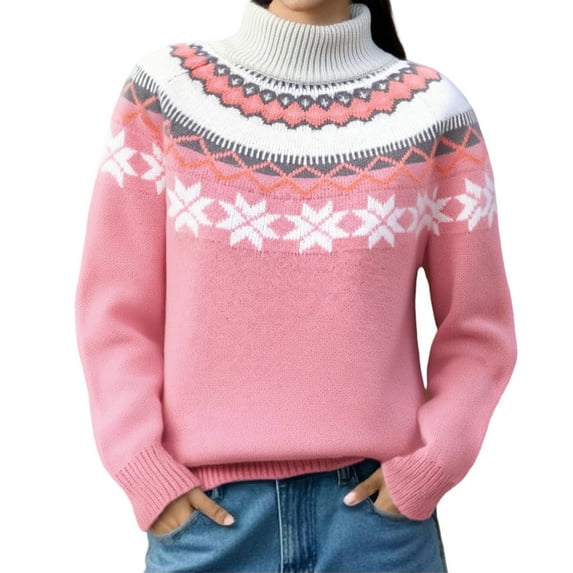 Women's Oversized Sweater Blend Knit Long Sleeve Round Neck Casual Pullover Top (High Neck Option Available) Pink XL