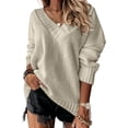 thumbnail image 1 of Women's Oversized Sweater Sexy Deep V Neck Long Sleeve Cable Knit Sweater Loose Sweater Tunic Pullover, 1 of 8