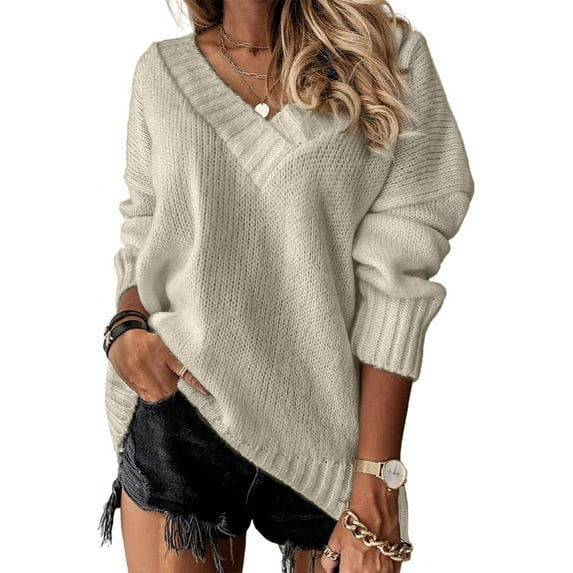 Women's Oversized Sweater Sexy Deep V Neck Long Sleeve Cable Knit Sweater Loose Sweater Tunic Pullover
