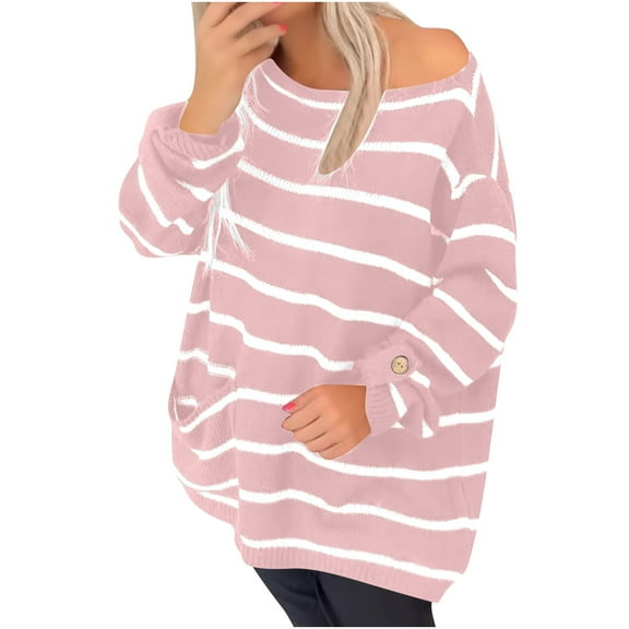 Women's Oversized Sweater Striped Knit Boat Neck Off Shoulder Long Sleeve Ribbed Pullover Top Fall Spring Pink 2XL