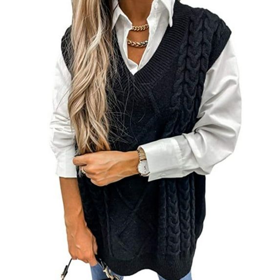 Women's Oversized Sweater V Neck Sweaters for Women Solid Color Knitted Vest Cable Sleeveless Sweater Alsol Lamesa