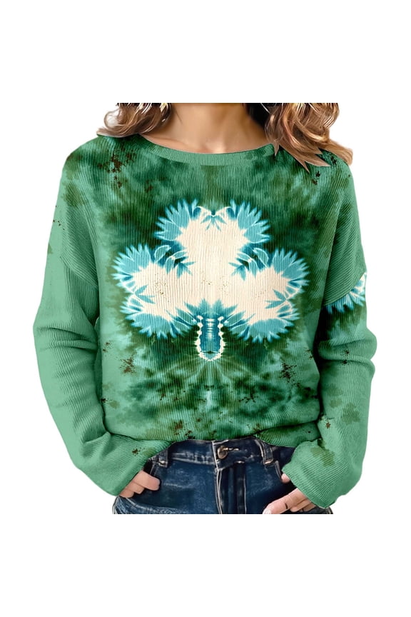Women's Oversized Sweaters 2026 St. Patrick's Day Shamrock Graphic Knit Sweatshirts Long Sleeve Round Neck Y2k Spring Tops