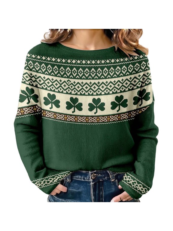 Women's Oversized Sweaters 2026 St. Patrick's Day Shamrock Graphic Knit Sweatshirts Long Sleeve Round Neck Y2k Spring Tops