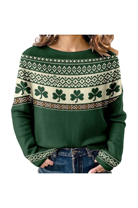 Women's Oversized Sweaters 2026 St. Patrick's Day Shamrock Graphic Knit Sweatshirts Long Sleeve Round Neck Y2k Spring Tops
