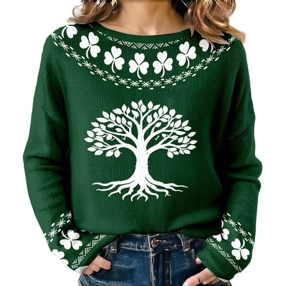 Women's Oversized Sweaters 2026 St. Patrick's Day Shamrock Graphic Knit Sweatshirts Long Sleeve Round Neck Y2k Spring Tops