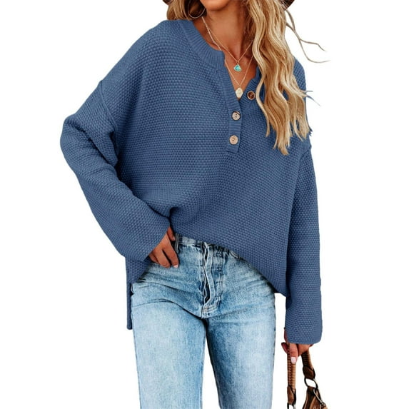 Fall Winter Women Long Sleeve V-neck Cable Knit Sweater Button Pullover