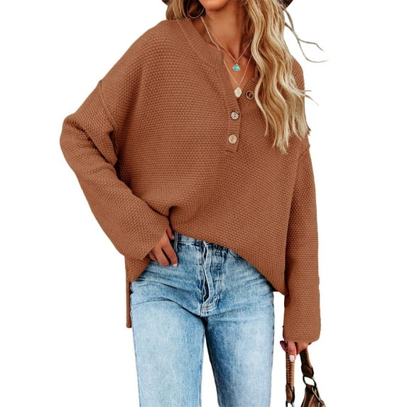 Fall Winter Women Long Sleeve V-neck Cable Knit Sweater Button Pullover