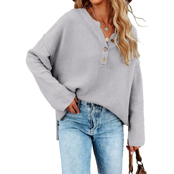 Fall Winter Women Long Sleeve V-neck Cable Knit Sweater Button Pullover