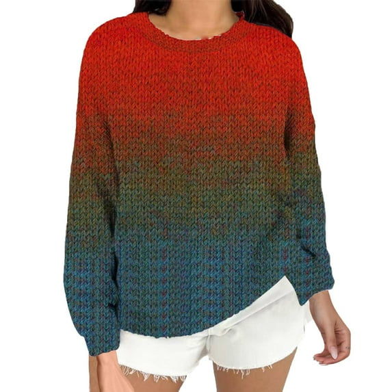 Women's Oversized Sweaters Colorful Striped Pullover Tops Chunky Knit Long Sleeve Crewneck Shirts