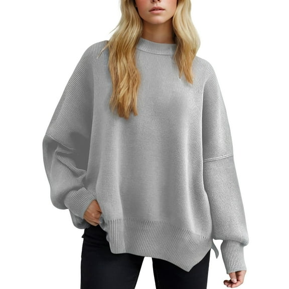 Women's Oversized Sweaters Fall Outfits Trendy Crewneck Knit Side Slit Fashion Pullover Tops
