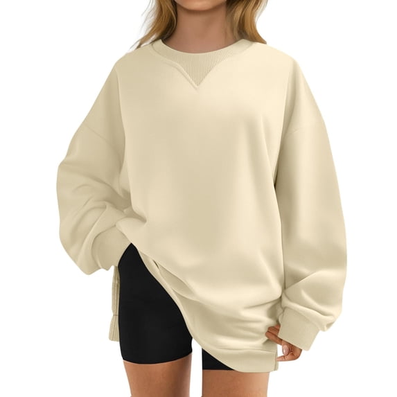 Women's Oversized Sweatshirt Casual Long Sleeve Fleece Pullover Tops Crewneck Side Slit Sweatshirt Winter Warm Fashion Clothes