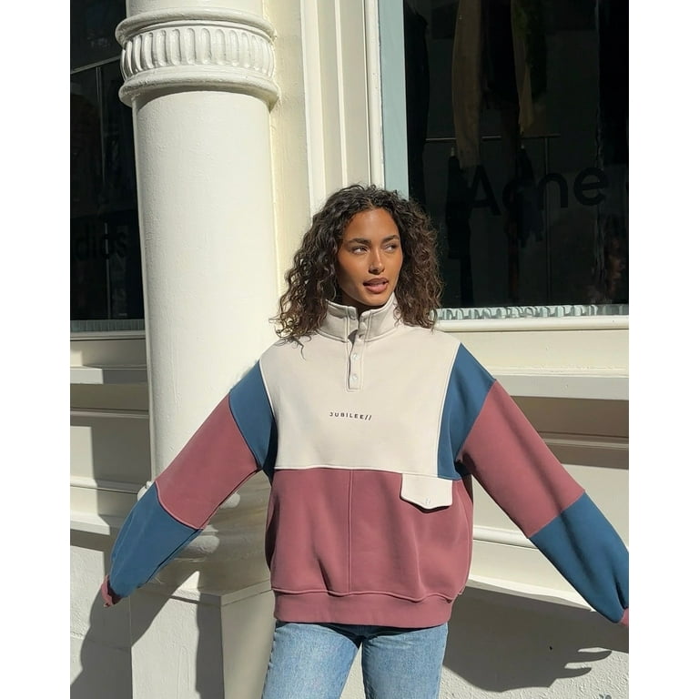 Women s Oversized Sweatshirt Contrast Color Long Sleeve Henley Neck Fall Pullover Walmart