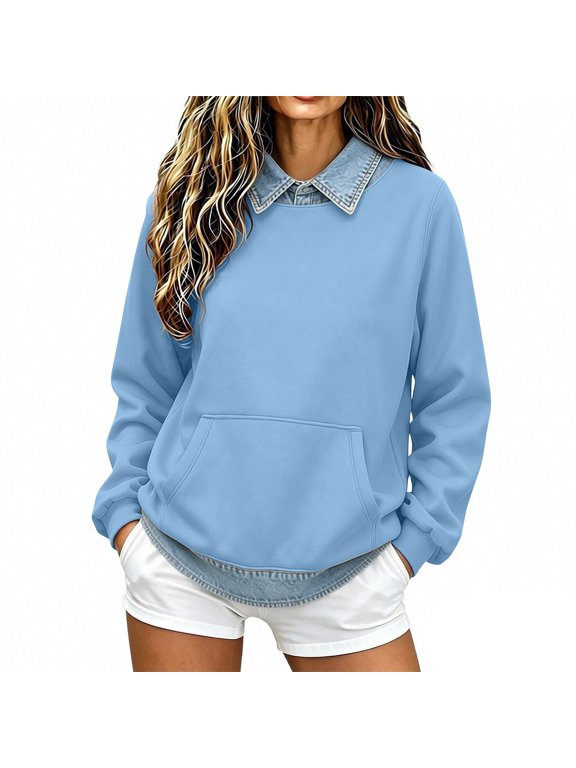 Women's Oversized Sweatshirt Denim Patch Collared Layered Pullover with Pocket Fashion Preppy Long Sleeve Tops Light Blue 2XL