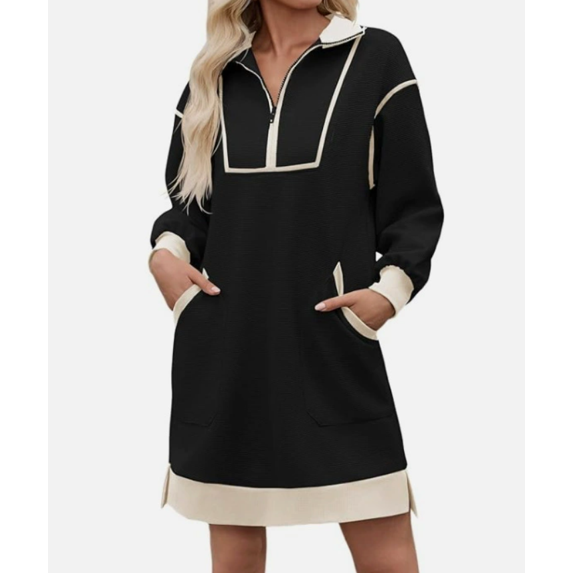 Women's Oversized Sweatshirt Dress Half Zip V Neck Long Sleeve Contrast Fall Casual Mini Dresses