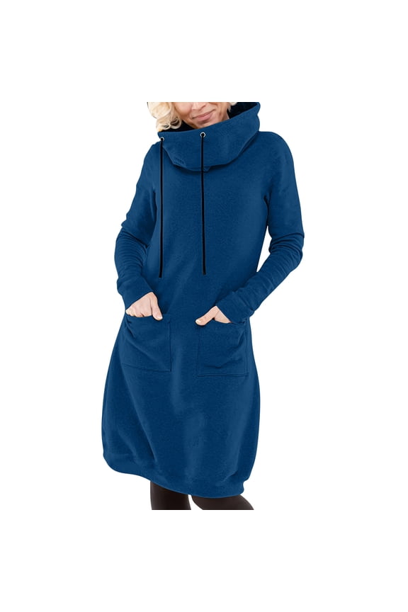 Women's Oversized Sweatshirt Dress with Hood, Turtleneck Long Sleeve Tunic Tops Swing Dresses with Pockets