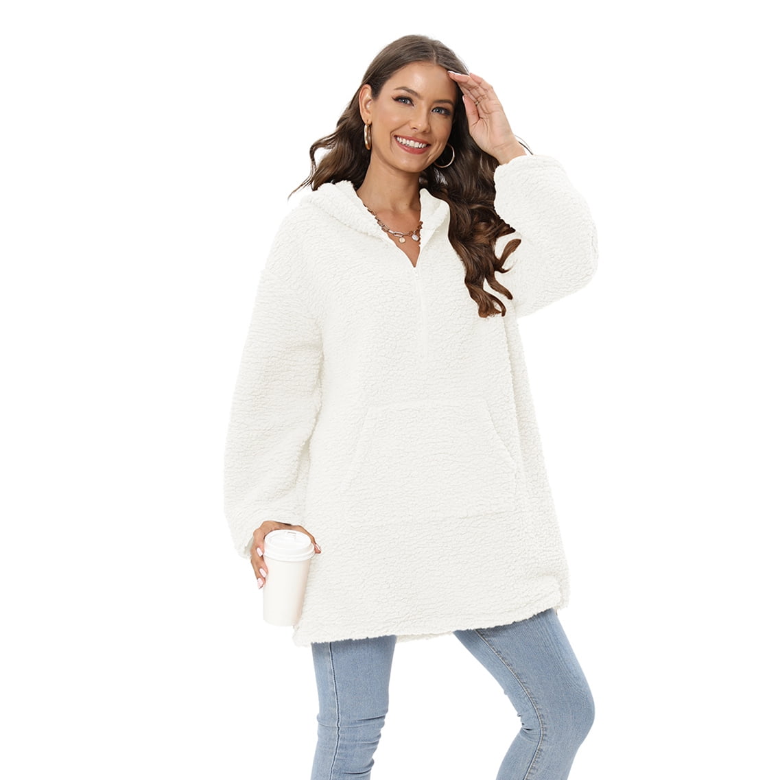 Women s Oversized Sweatshirt Fuzzy Sherpa Fleece Long Sleeve Lounge Hoodie Winter Warm Casual Half Zip Hooded Pullovers White 2XL Walmart