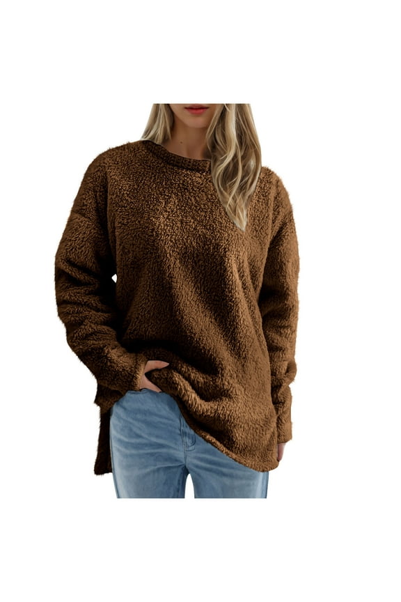 Women's Oversized Sweatshirt Fuzzy Sherpa Long Sleeve Crewneck Pullover Top Soft Casual Loose Fleece Blouse Autumn Winter Cozy Wear