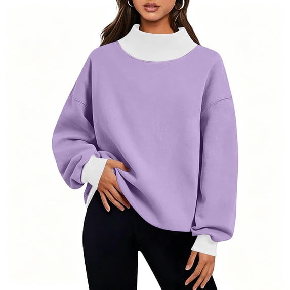 Women's Oversized Sweatshirts Contrast Trim Ribbed Cuff T Shirts High Neck Long Sleeve Casual Workout Pullover Tops Fall Y2K Tops Purple
