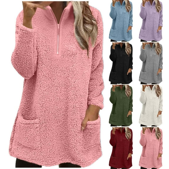 Women's Oversized Sweatshirts Crewneck Fleece-lined Long Sleeve Tunic Pullover Shirts Side Zipper Hoodies 2025 Fall Clothes Ndbuld ,Pink,S
