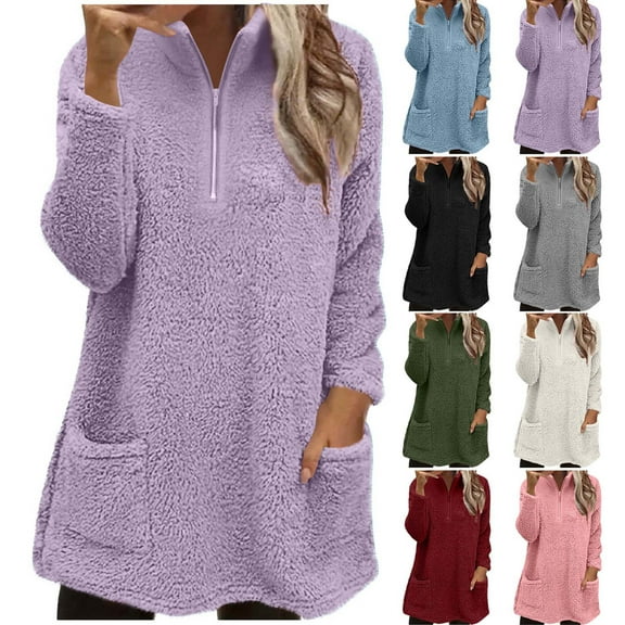 Women's Oversized Sweatshirts Crewneck Fleece-lined Long Sleeve Tunic Pullover Shirts Side Zipper Hoodies 2025 Fall Clothes Ndbuld ,Purple,L
