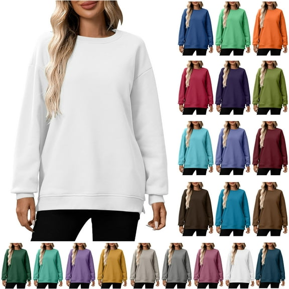 Women's Oversized Sweatshirts Hoodie Ndbuld Fashion Women Round Neck Long Sleeve Solid Loose Sweatshirt Blouse White L