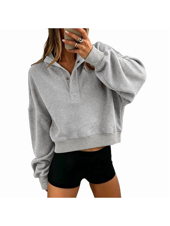 Women's Oversized Sweatshirts Long Sleeve Cropped Button Henley Neck Sweat Shirts Soft Comfy Fall Winter Tops