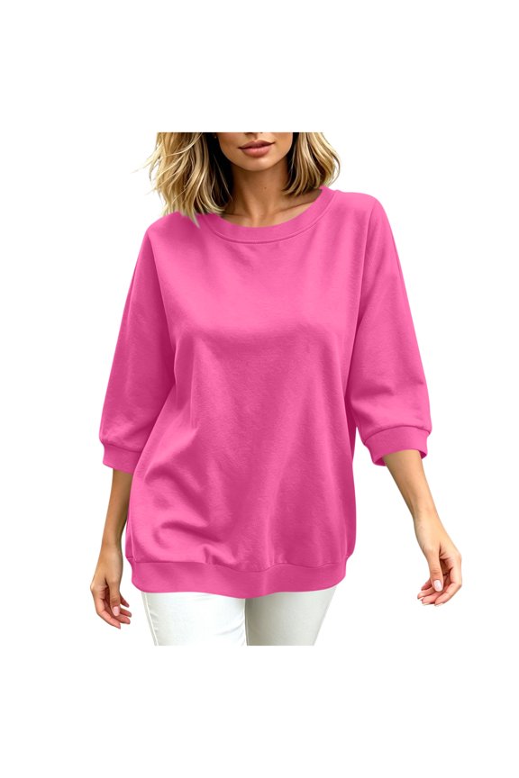 Women's Oversized Sweatshirts Plus Size 3/4 Sleeve Crew Neck Pullover Tops Casual Lightweight Tunic Blouse (XL, Hot Pink)