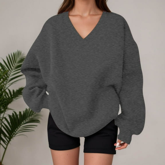 Women's Oversized Sweatshirts Solid Color Long Sleeve V Neck Pullover Shirt Lightweight Casual Loose Fit Fashion Tops 2025