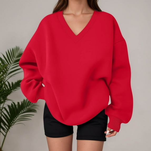 Women's Oversized Sweatshirts Solid Color Long Sleeve V Neck Pullover Shirt Lightweight Casual Loose Fit Fashion Tops 2025