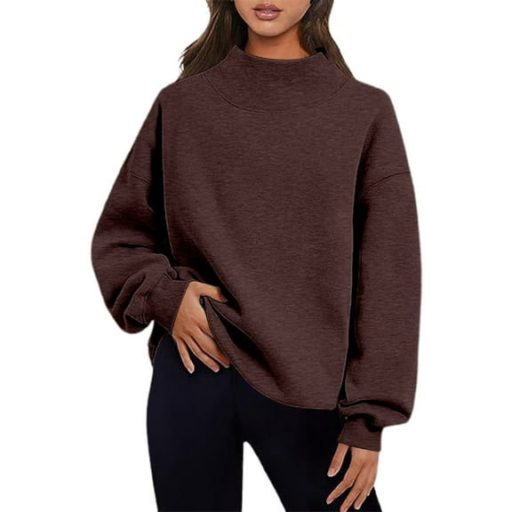 Women's Oversized Sweatshirts Spring Fall Trendy Casual Loose Turtleneck Solid Color Split Long Sleeve Loose Hoodless Sweatshirt Pullover Top Brick Red-XL