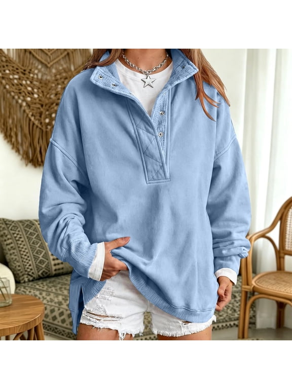 Women's Oversized Sweatshirts with Snap Button Henley Collar Dropped Shoulder Loose Fit Casual Top with Ribbed Cuffs Sky Blue M