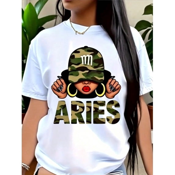 Women's Oversized T-Shirt, Short Sleeve Cotton Round Neck Top With Camo Character