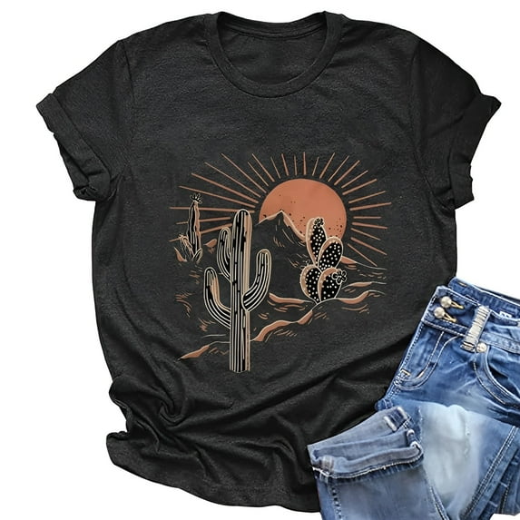 Women's Oversized T Shirts Graphic Tees Ladies Fashion Casual Cactus Print Round Neck Short Sleeve T Shirt Top Basic Tee 2025 S-3XL