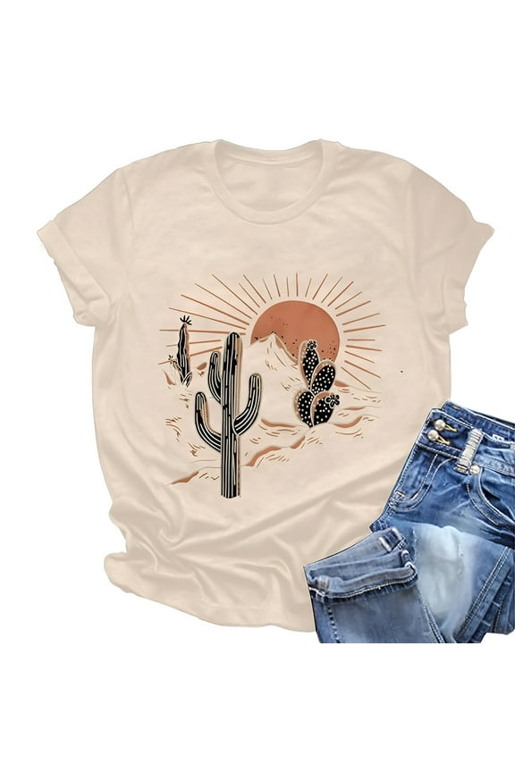 Women's Oversized T Shirts Graphic Tees Ladies Fashion Casual Cactus Print Round Neck Short Sleeve T Shirt Top Basic Tee 2025 S-3XL