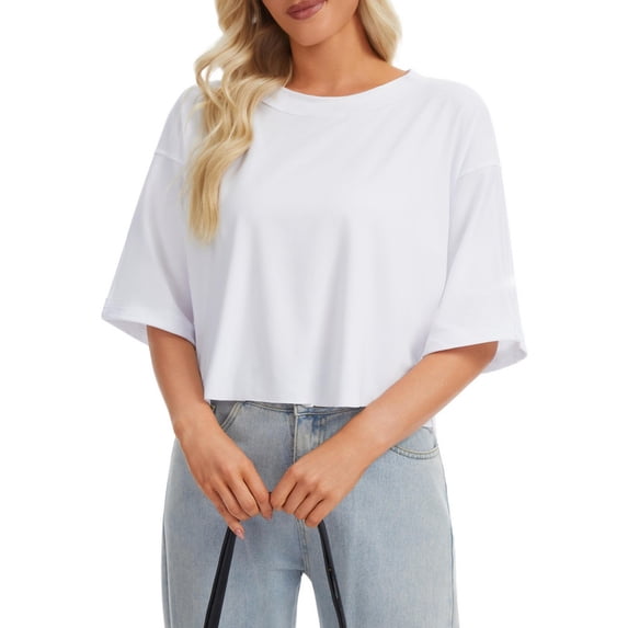 Women's Oversized T-Shirts Workout Crop Tops Summer Casual Tees White M