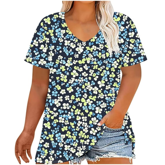 Women's Oversized Top Fashion Retro Printing Short Sleeve TShirt Casual Gradient Color Blouses V-Neck Summer Loose Breathable Plus Size Pullover Tops Style 05 4XL
