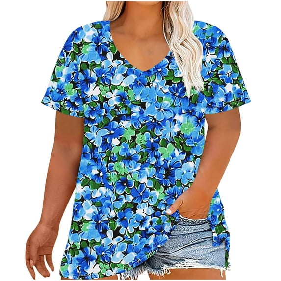 Women's Oversized Top Fashion Retro Printing Short Sleeve TShirt Casual Gradient Color Blouses V-Neck Summer Loose Breathable Plus Size Pullover Tops Style 0 6XL